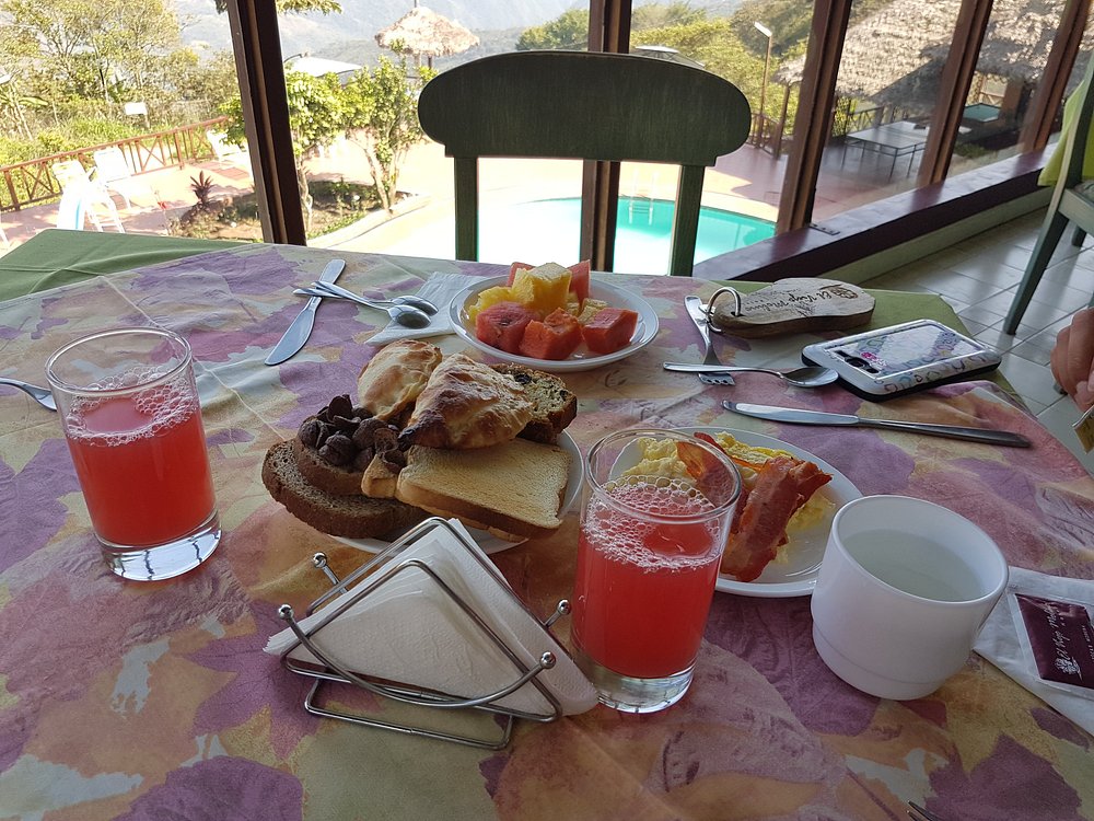 Desayuno servido con vista a la piscina